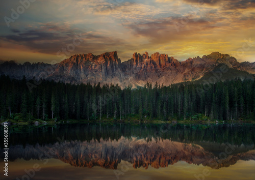 Reflections on Mountain lake,Lake of Carezza Doromites Italy © CK