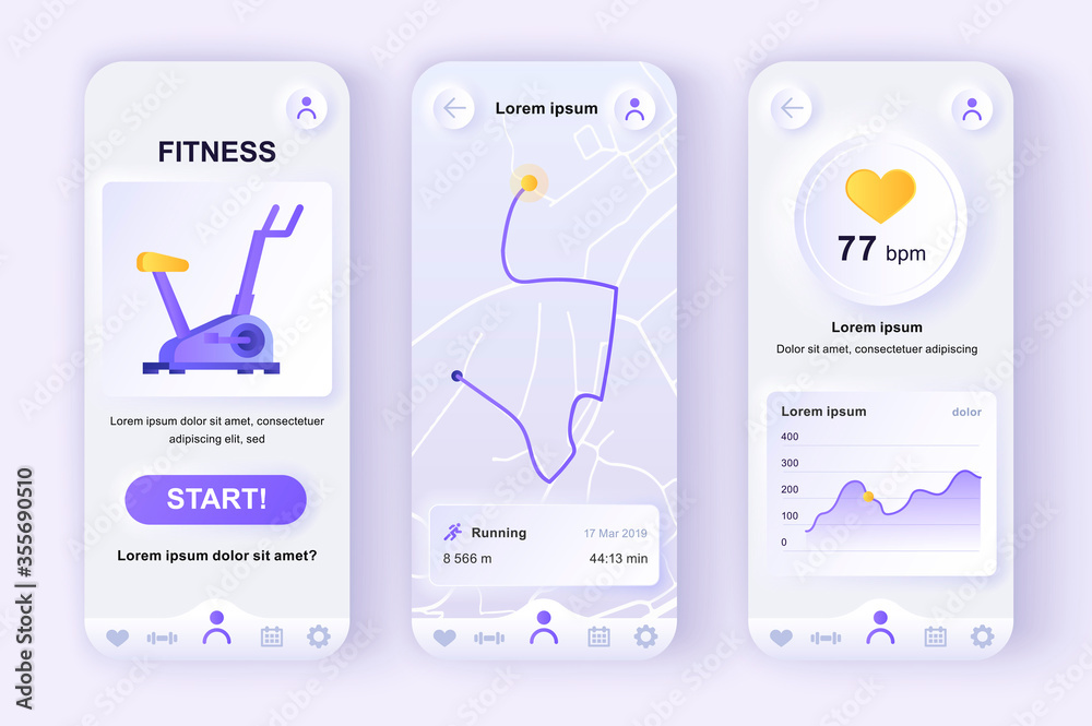Fitness workout unique neumorphic design kit for mobile app. Fitness tracker screens running planner and heart rate monitor. Sport UI, template set. GUI for responsive mobile application Stock Vector