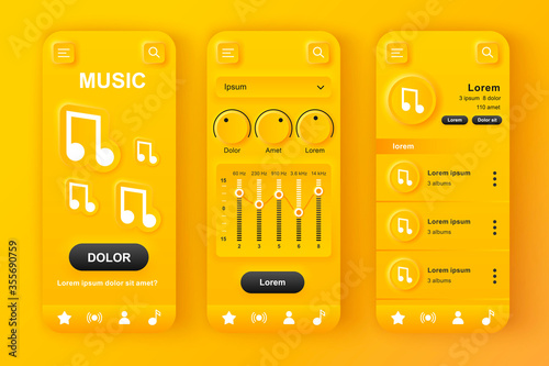 Music player unique neumorphic yellow design kit. Audio app with equalizer settings, playlist with compositions, search bar. Music listening UI, UX template set. GUI for responsive mobile application.