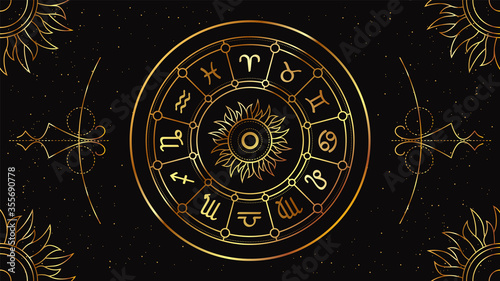 Zodiac circle with astrological signs of the horoscope on a black background with a geometric golden pattern. photo