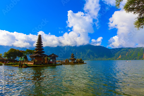 Pura Ulun Danu Bratan temple in Bali island. Hindu temple in flowers on Beratan lake  Bali  Indonesia