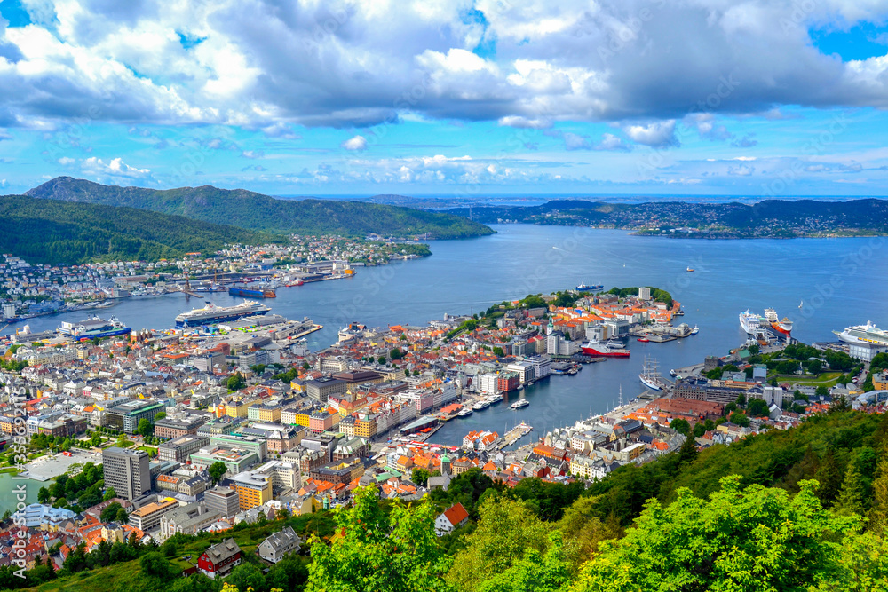 Panoramic view of Bergen in Norway, with beautiful blue sky, sea view and colorful buildings