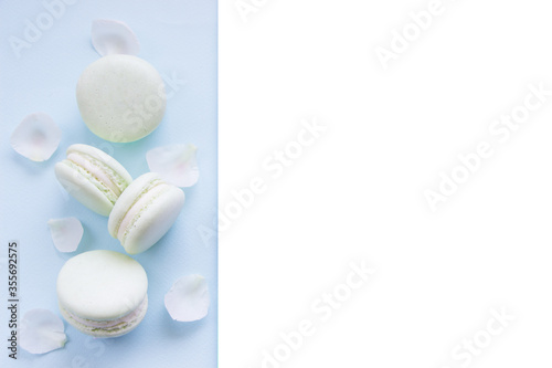 Tasty macaroons, light blue background, empty space for text