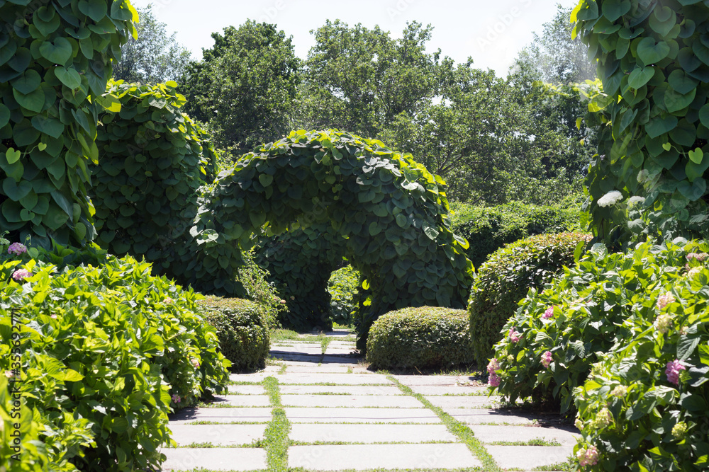 Beautiful gardens. Landscaping in the garden. The path in the garden, arch with green plants, flowers and shrubs