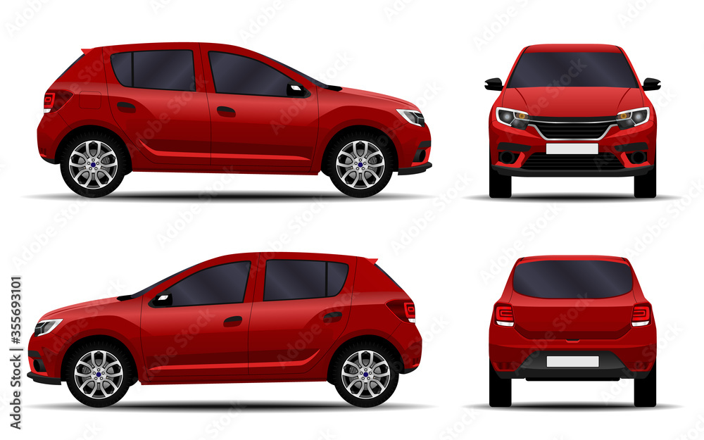 realistic car. hatchback. front view, side view, back view.