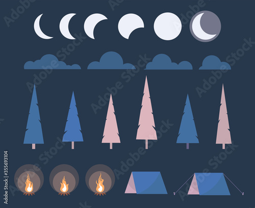 Set of Element for camping. Trees,  moon, cloud, tent and bonfire to illustrate overnight in the forest