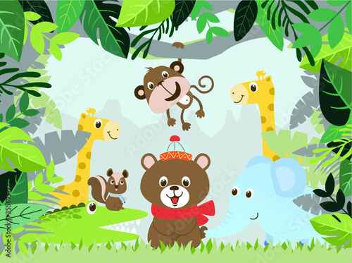 cute animal playing with friends vector illustration