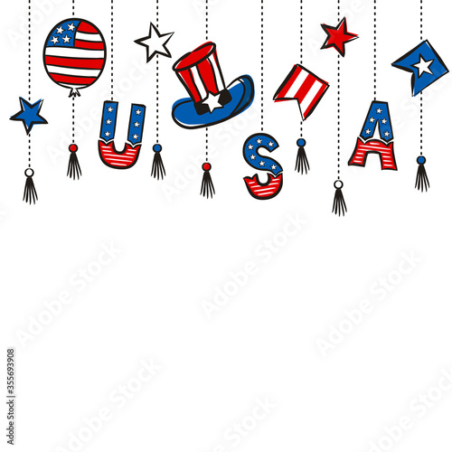Pattern of elements hanging on chains for USA Independence Day. Background of hand-drawn elements for July 4th in the national colors of the United States of America. Vector illustration for a festive