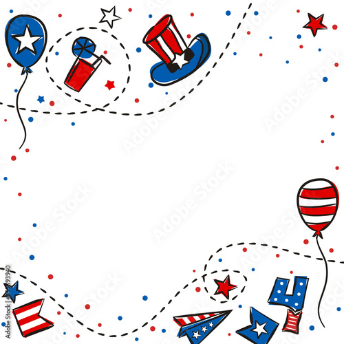 Kids pattern for Independence Day USA. Background of hand-drawn elements for July 4th in the national colors of the United States of America. Vector illustration for a festive decoration.