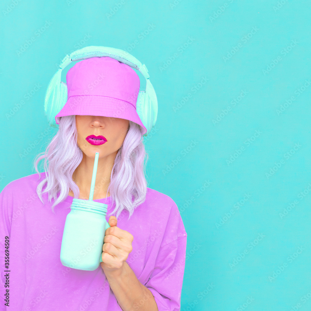 Fresh Smoothie Dj Girl in stylish headphones and bucket hats. Minimal monochrome pastel colours design trends Fresh Smoothie Dj Girl in stylish headphones and bucket hats. Minimal monochrome pastel colours design trends