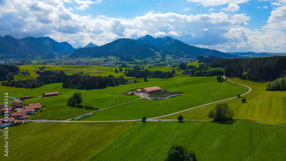 Typical landscape in Bavaria in the Allgau district of the German Alps - aerial view