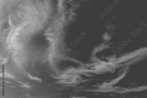 Abstract nature background of dramatic Cirrus or Cirrostratus clouds & soft fluffy white cloudscape on moody black sky & scary gray horizon before storm, Monochrome style image & night scene concept 