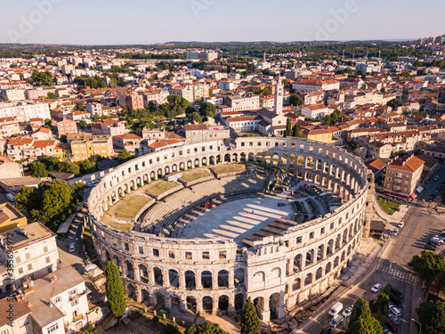 Late afternoon shot of Pula Arena from the drone