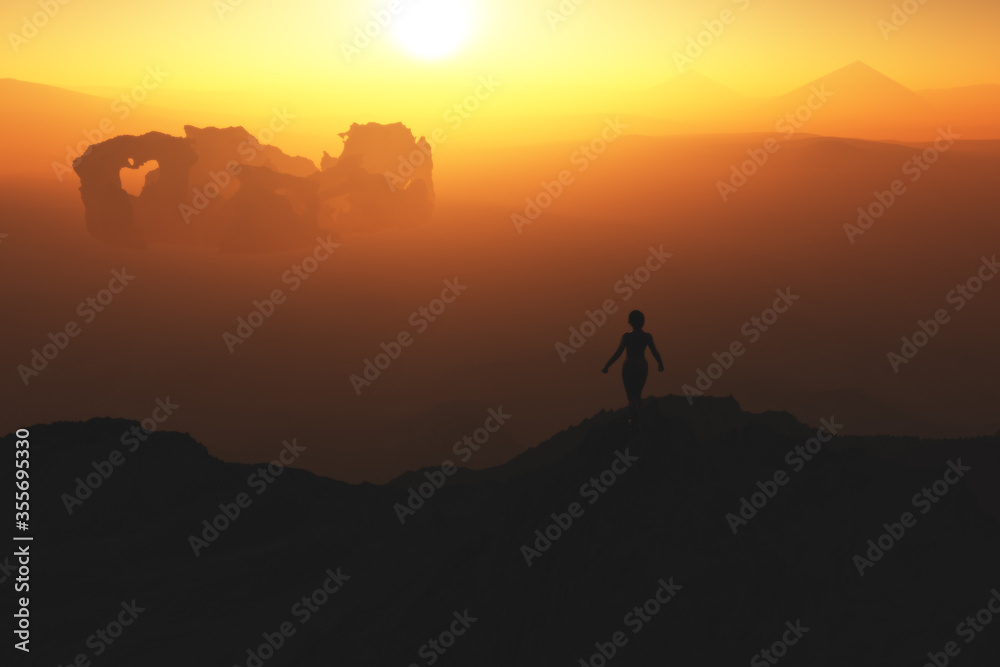 silhouette of a woman on the top of the mountain over a valley with ruins and pyramids