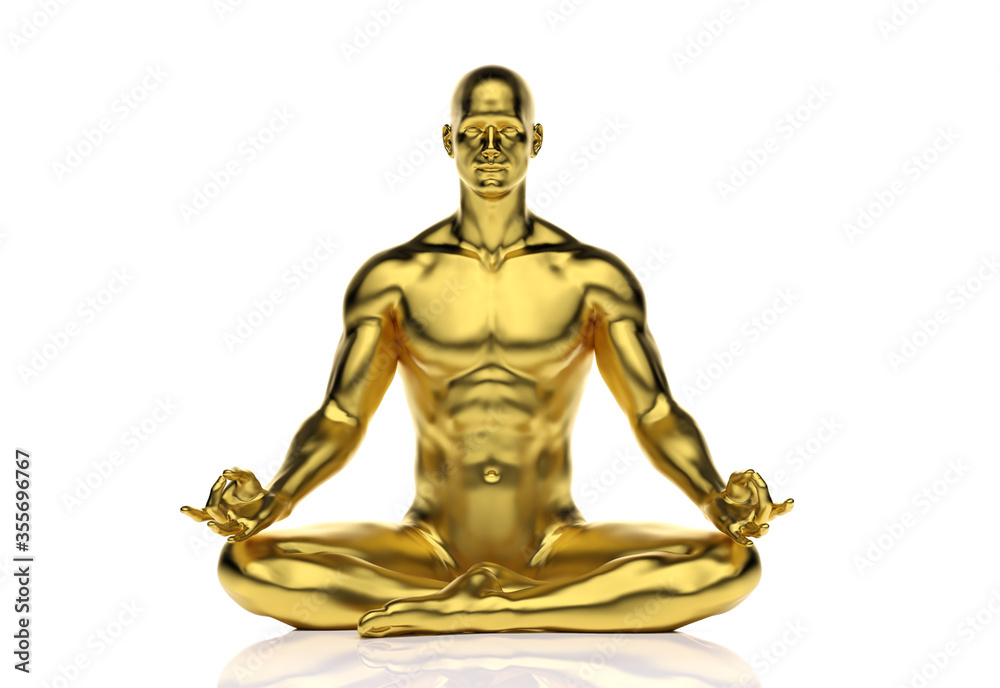 3D Render : A male character with gold texture meditating on the ground floor..
3D Render : A male character with gold texture meditating on the ground floor..