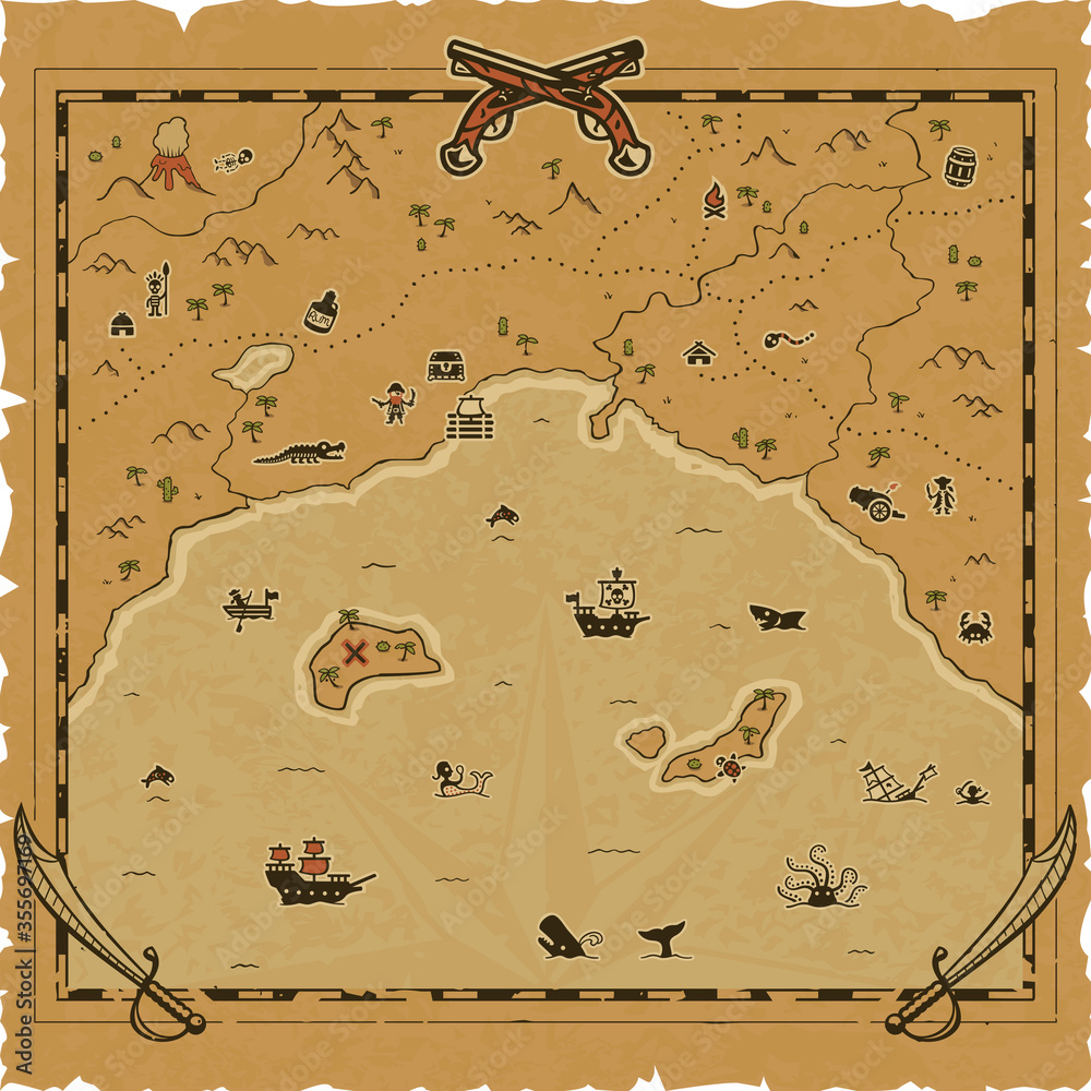 Pirate Bay Map on a worn parchment background. Includes a frame with