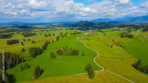 Typical landscape in Bavaria in the Allgau district of the German Alps - aerial view