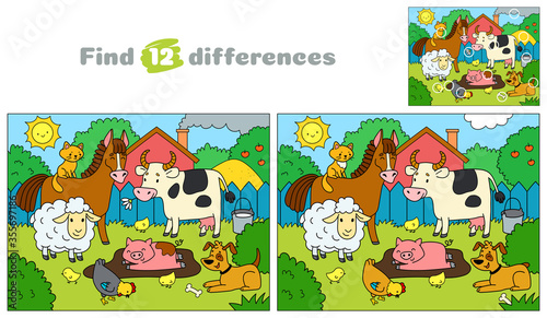 Farm animals. Find 12 differences. Educational game for children. Cartoon vector illustration.