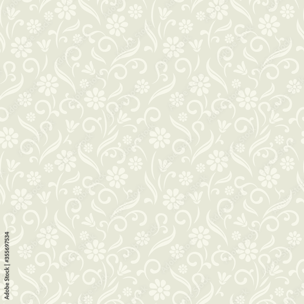 Abstract floral light gray background. Vintage ornamental flowers seamless pattern. Vector illustration.