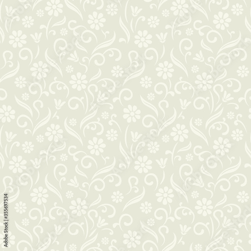 Abstract floral light gray background. Vintage ornamental flowers seamless pattern. Vector illustration.