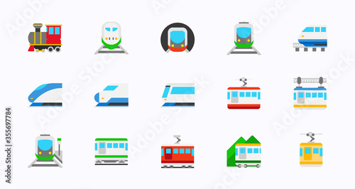 Rail transportation vector icons set. Railway, Railroad, Train Transport collection. Isolated Locomotive, High Speed, Passenger, Freight Train, Monorail, Tram, Subway, Cable Car icons pack