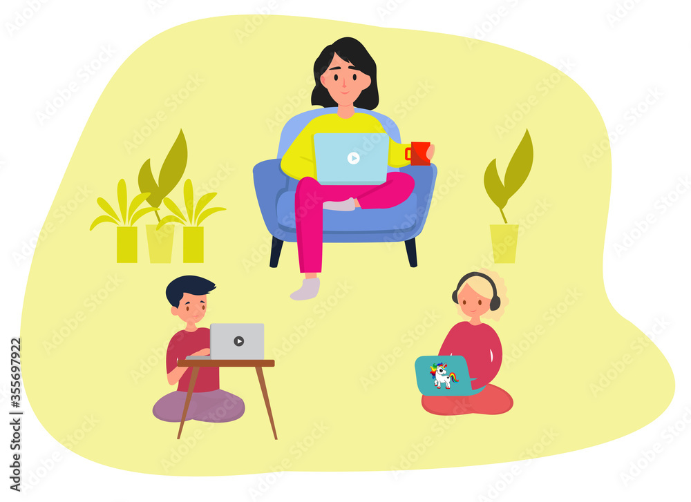 Busy mother working from home with kids and dog. Stay-at-Home Mom. Flat vector illustration Busy mother working from home with kids and dog. Stay-at-Home Mom. Flat vector illustration