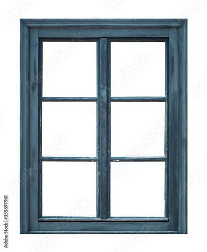 Blue vintage wooden window on white background