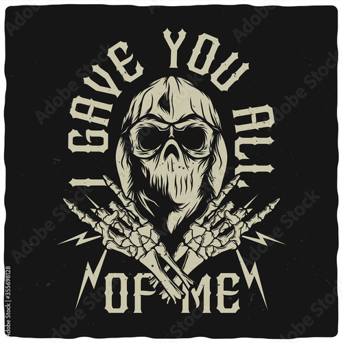 T-shirt or poster design with illustration of a skull in bandana and hoodie with skeleton hands