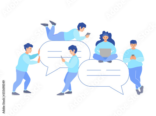 Team of people with gadgets around message icons chat online. Community messaging. Communication on the internet. Tiny people around chat bubble. Vector illustration in a flat style.