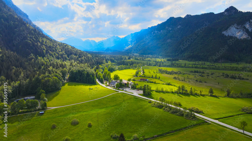 Typical landscape in Bavaria in the Allgau district of the German Alps - aerial view