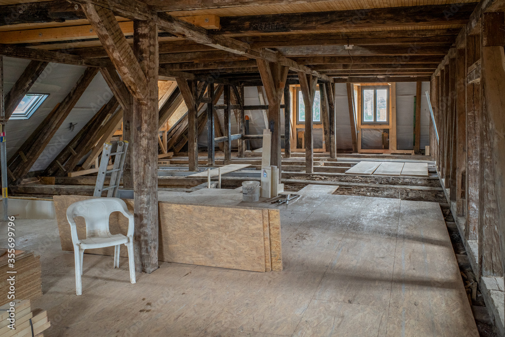 the upper floor of an old half-timbered house  restored