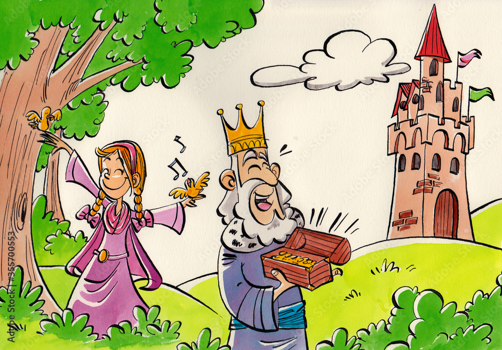 country landscape, with green hills, trees and bushes, with a princess dressed in pink and her father the king in the foreground, and a medieval castle in the background