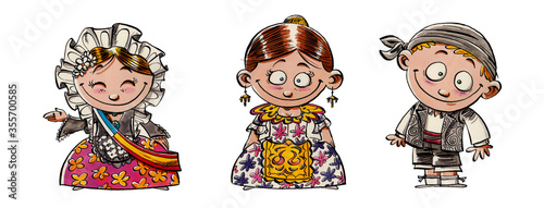 children with typical Valencian costumes from the Fallas and bonfires of San Juan (Novia, Fallera, and Saraguell)