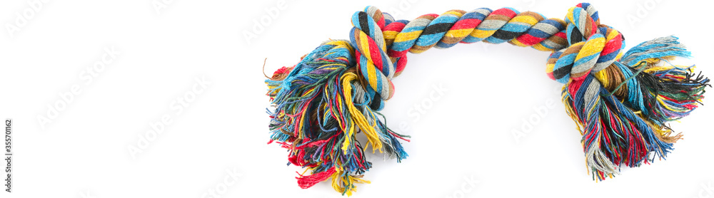 Dog toy - colorful cotton rope for games, isolated on white . Wide photo. Free space for text.