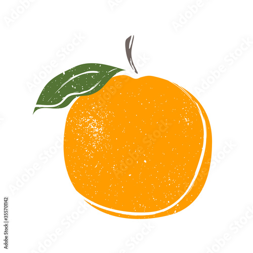 Fruit. Cute sour orange with green leaflets. Cartoon sketch, juicy citrus, delicious. Great for postcards, stickers, fabric and textile. White isolated background, vector illustration, print.