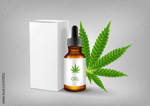 Hemp oil in a glass brown bottle, logo on the label and packaging, mock up for advertising and design, vector illustration.