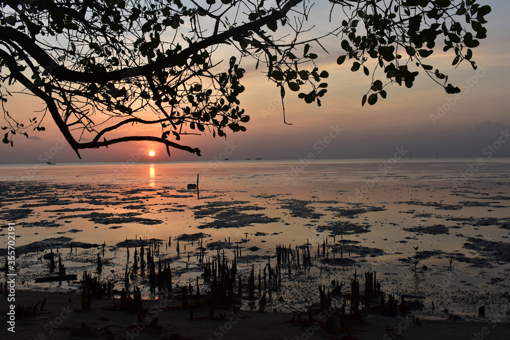 Beautiful Sunset landscape at Tanjung Pendam Beach, Bangka Belitung island, Indonesia