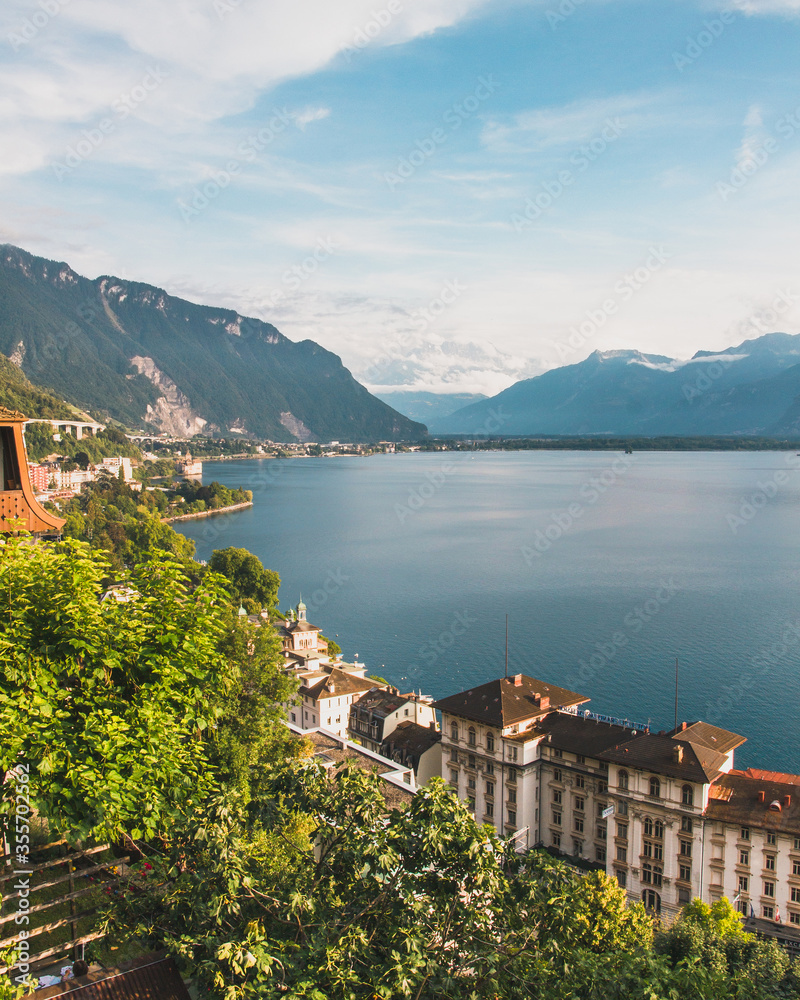 Panoramic view on Lake Leman surrounded with mountains; Montreux, Switzerland