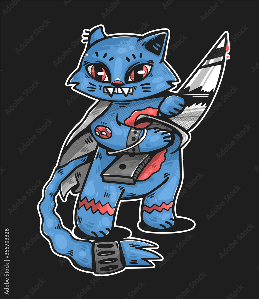 Fototapeta premium Funny illustration with Vector Cat holding knife. Modern character illustration.