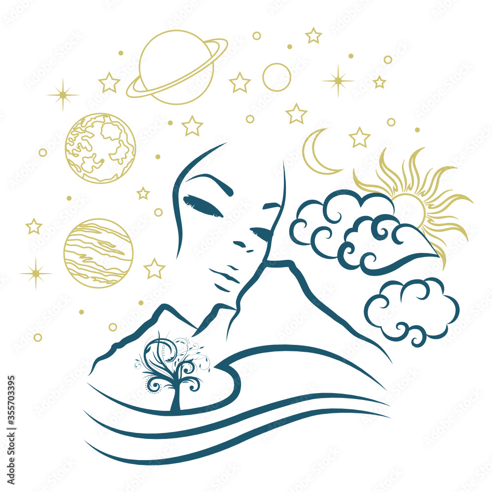 beautiful female face surrounded by landscape and universe, vector