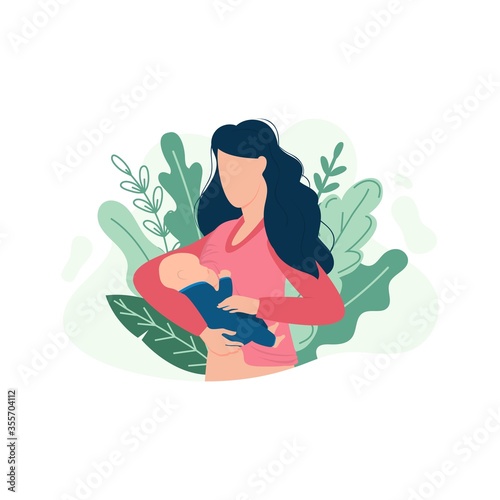 Woman breastfeeding baby in tropical decor vector illustration. Female with newborn flat style. Bright green leaves. Parenthood and childhood concept. Isolated on white background