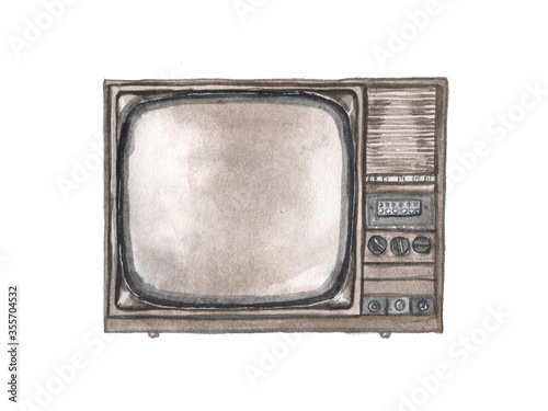 Watercolor illustration of a retro TV on a white background