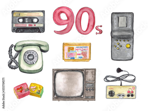 Watercolor illustration attributes of the 90s on a white background