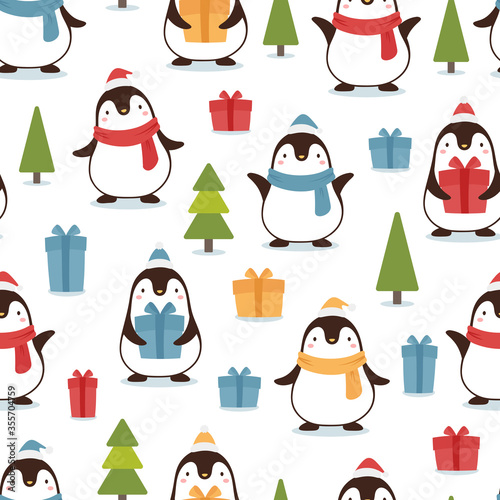Penguin seamless pattern background, cartoon christmas theme, animal vector illustration 