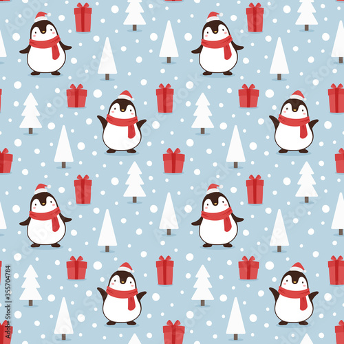 Penguin seamless pattern background  cartoon christmas theme  animal vector illustration 