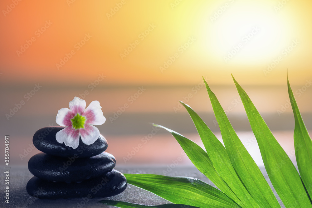 Obraz premium Steine mit Wassertropfen, Blume, Palmenblatt am Meer bei Sonnenuntergang