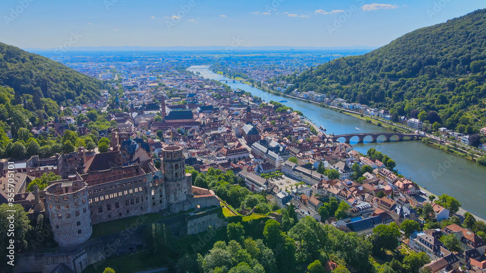 Aerial view over the famous city of Heidelberg Germany with Heidelberg Castle and River Neckar