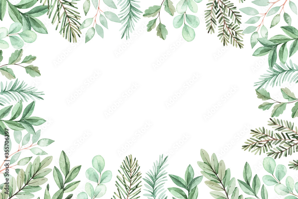 Greenery Watercolor illustration. Botanical, vector frame with eucalyptus, fir branches and leaves. Greenery winter florals. Floral Design elements. Perfect for wedding invitation, card, print, poster