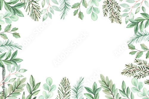 Greenery Watercolor illustration. Botanical  vector frame with eucalyptus  fir branches and leaves. Greenery winter florals. Floral Design elements. Perfect for wedding invitation  card  print  poster