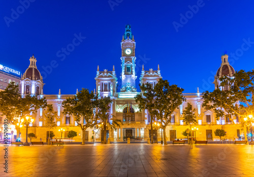 Night view of Town hall in Spanish town Valencia photo